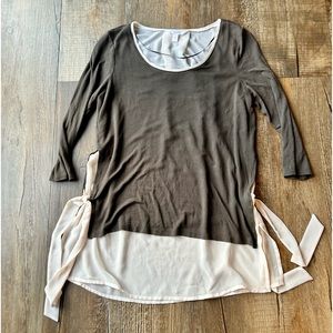 Lauren Conrad Army Green Cream Blouse Tunic Top Side Tie 3/4 Sleeve Shirt